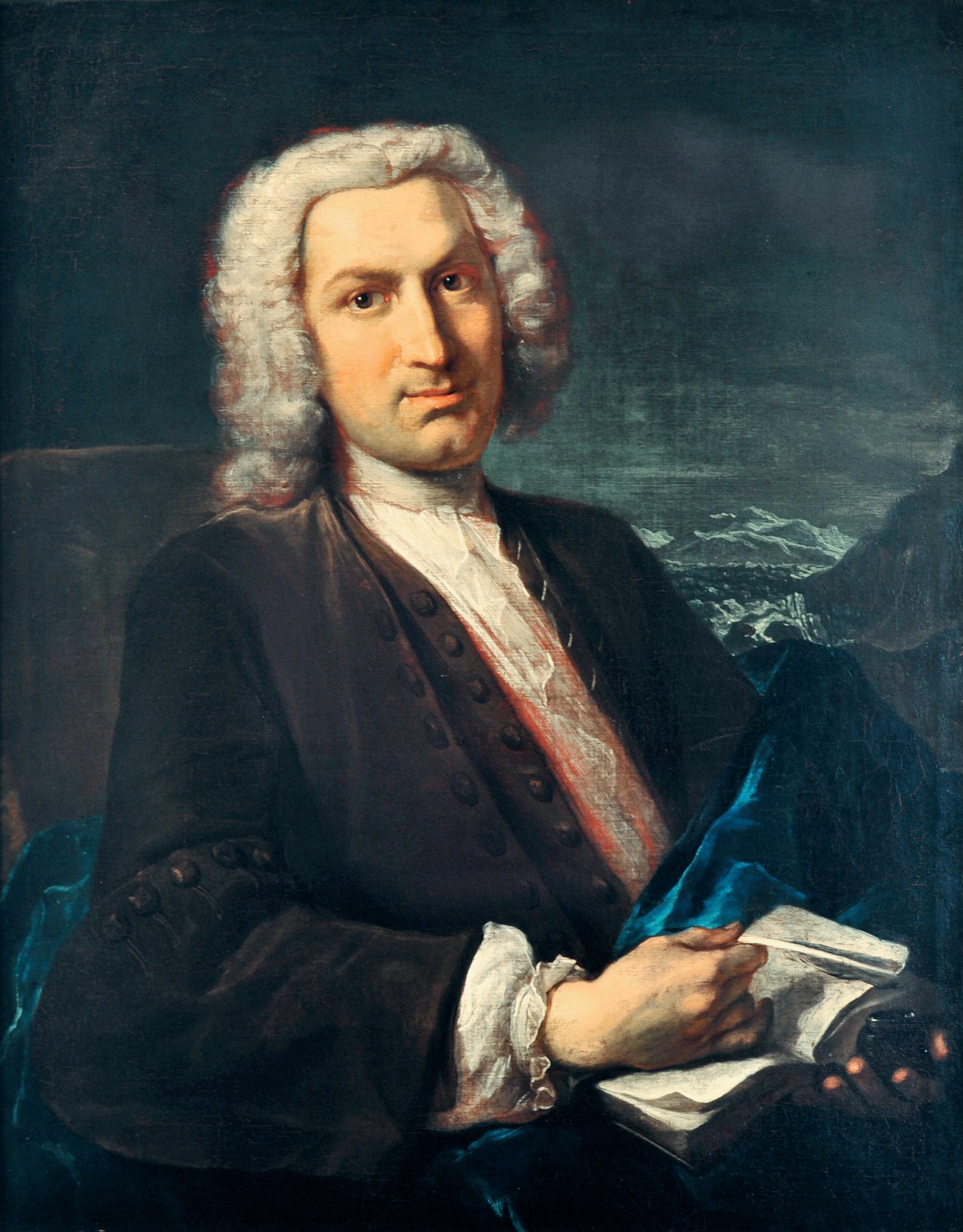 painting of Albrecht von Haller from 1736 with him wearing a wig and holding an open book in his lap; in the background, Swiss mountains are shown