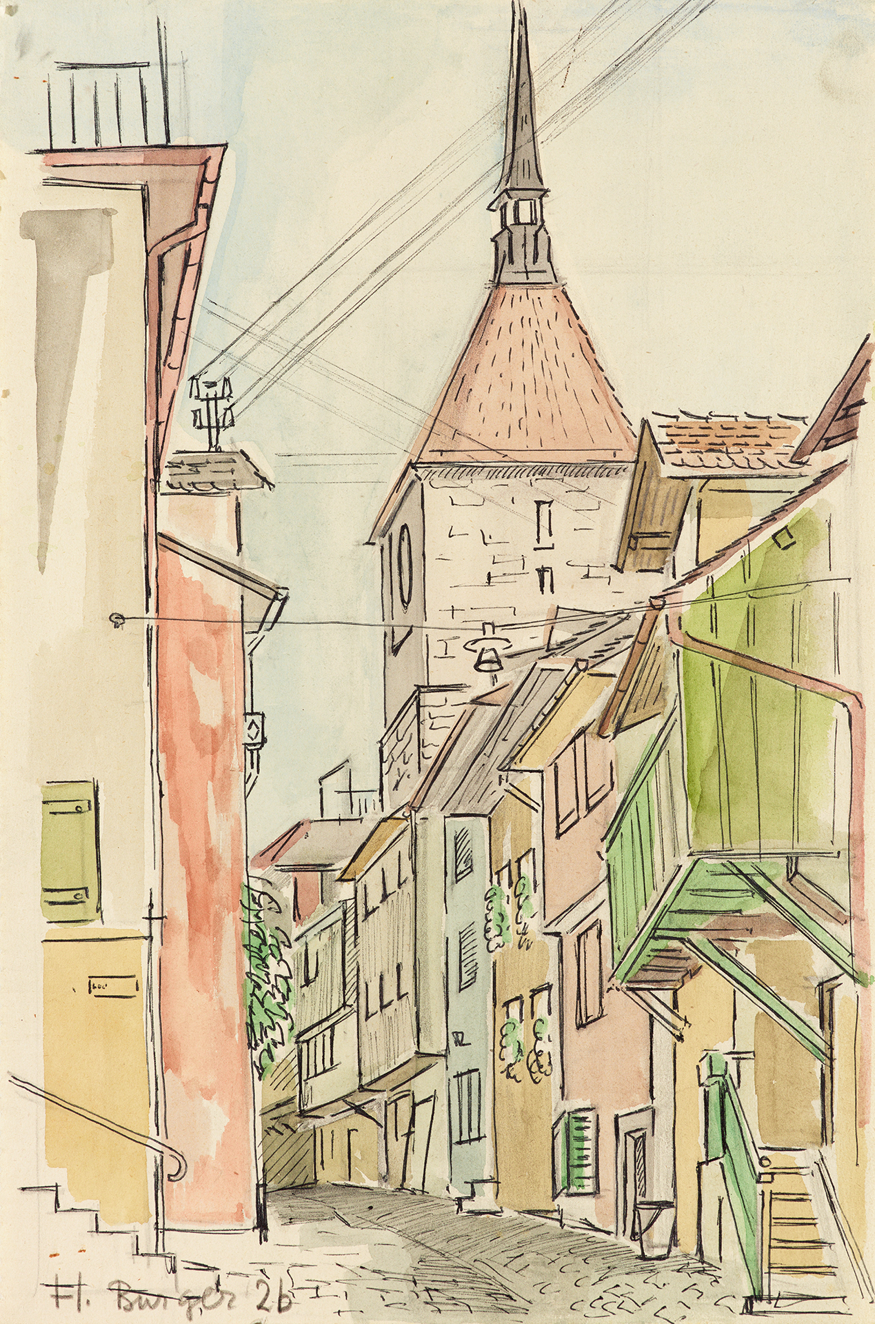 drawing with ink and watercolor of a street and tower in the Swiss town Aarau, 1959