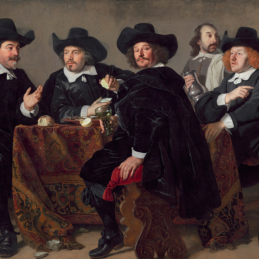 Dutch painting from 1655 by Bartholomeus van der Helst, showing four aldermen in typical black coats and hats, sitting at a table in a tavern, discussing and eating
