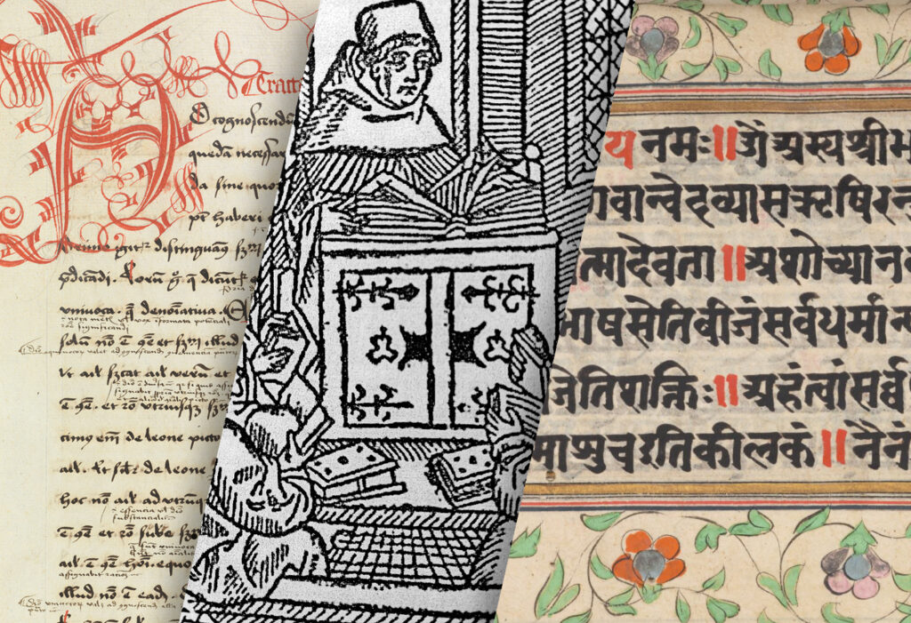 compilation of a latin medieval manuscript, a woodcut depiction of scholar teaching students, and a manuscript page of the Bhagavad Gita, written in sanskrit in the 18th century