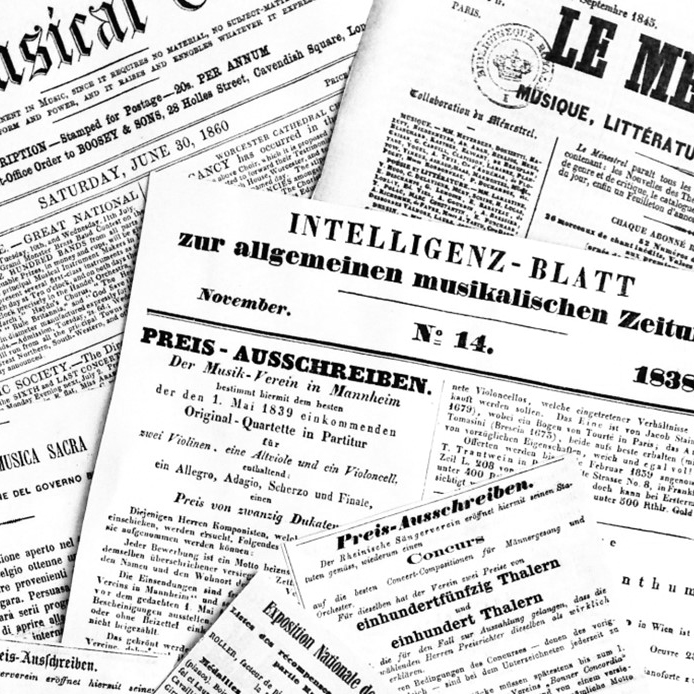 stack of newspapers from the 19th century advertising musical competitions in several languages (German, French, Italian, English)