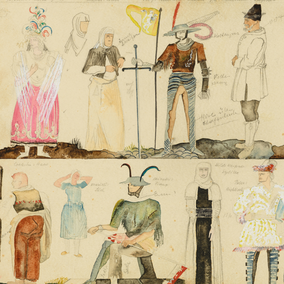 pencil drawing with some watercolor showing the costume design for a theater production, 1934; two rows of several figures from the play in different dress