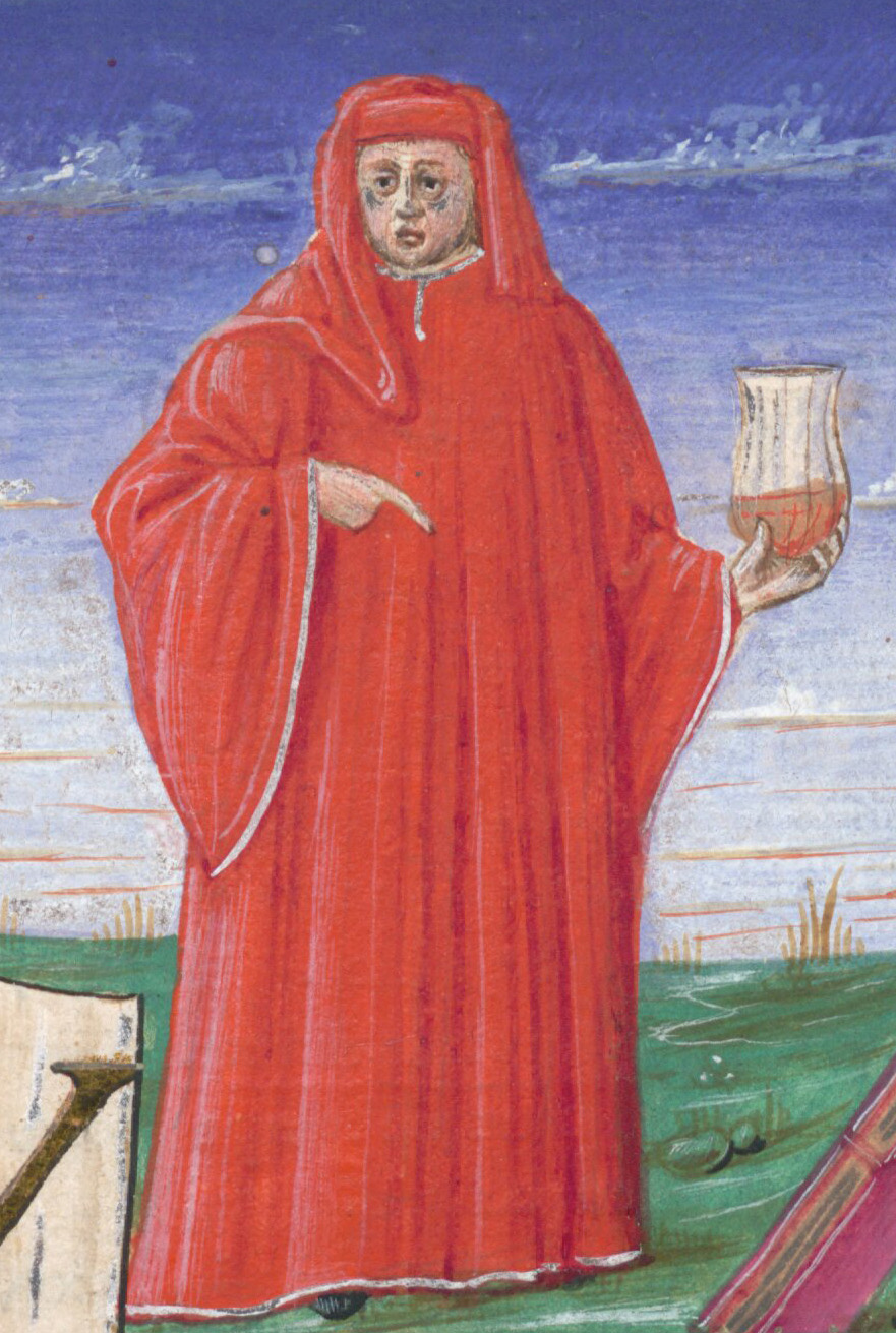 painted depiction of scholar and physician Petrus de Abano from a miniature in a medieval manuscript, BSB Rar. 853; he is dressed in a red cloak and headdress and holds a transparent vessel with a liquid inside, his other hand pointing at it in an explanatory manner; he stands on a green field, behind him the blue sky