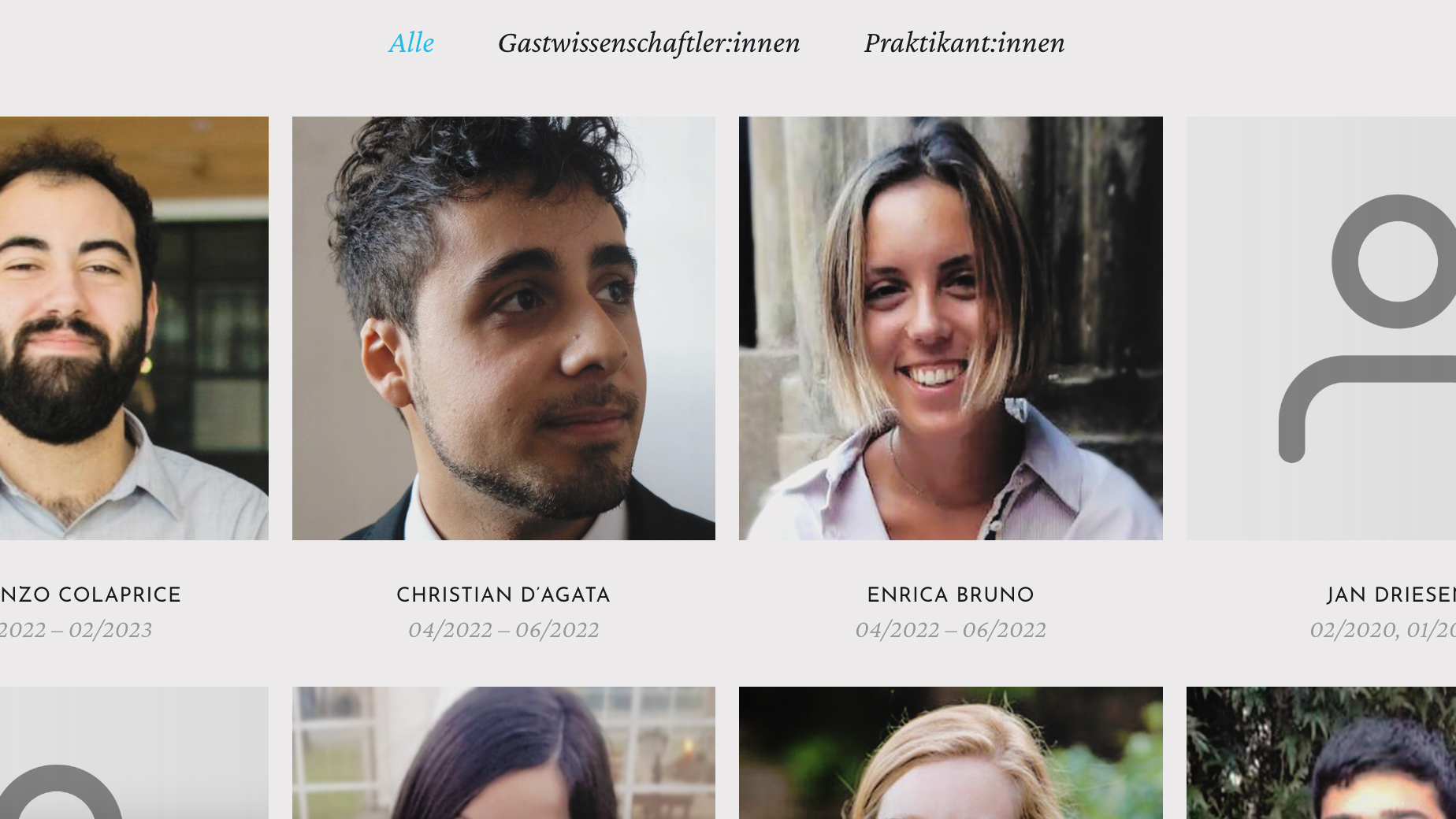screenshot of the guests page with photographs of former guest scholars and interns