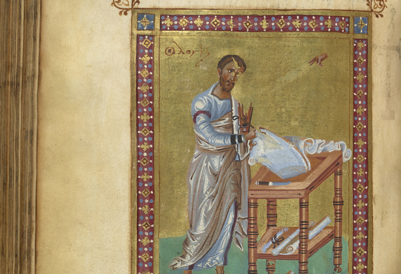 illuminated page from a byzantine manuscript, depicting St Luke writing on a long scroll unrolling accoss his stand; London, BL, Add MS 28815, f 162v.